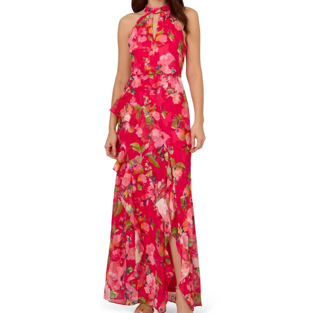 Adrianna Papell Printed Chiffon Mermaid Ruffle Pink Dress Womens Size 12 NWT